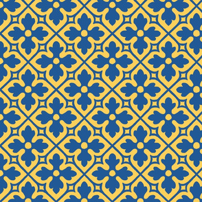 medieval-style geometric floral, blue and yellow