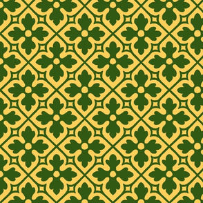 medieval-style geometric floral, green and yellow