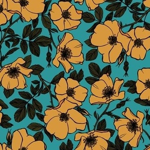 Yellow wild roses on turquoise blue