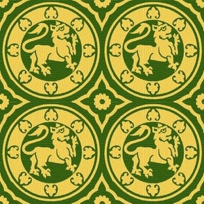 Medieval Lions in Circles, light goldenrod on green