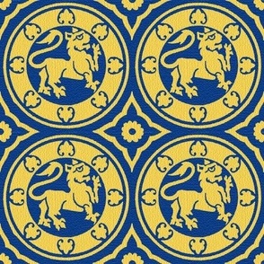 Medieval Lions in Circles, light goldenrod on blue