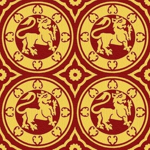 Medieval Lions in Circles, light goldenrod on red