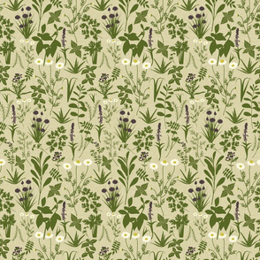 Herbology- Herbs of the World- Lime Green on Eggshell Linen Texture- Small Scale