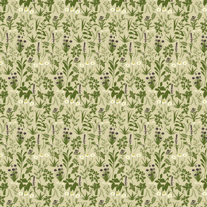 Herbology- Herbs of the World- Lime Green on Eggshell Linen Texture- Ditsy Scale