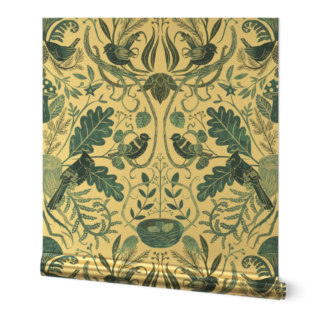 Birds in a Thicket - Woodland Damask - Blue - small repeat 