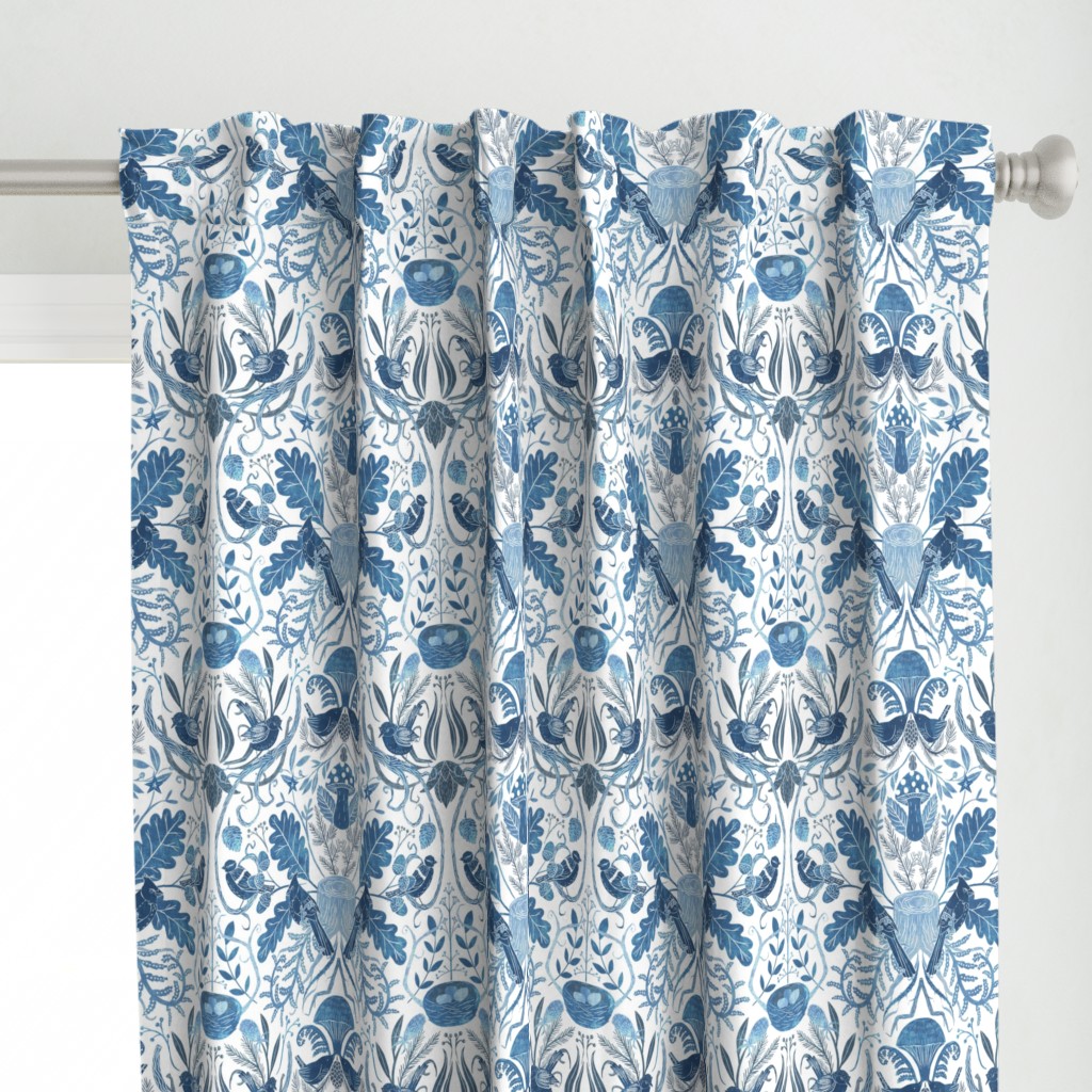 Birds in a Thicket - Woodland Damask - Blue - small repeat 