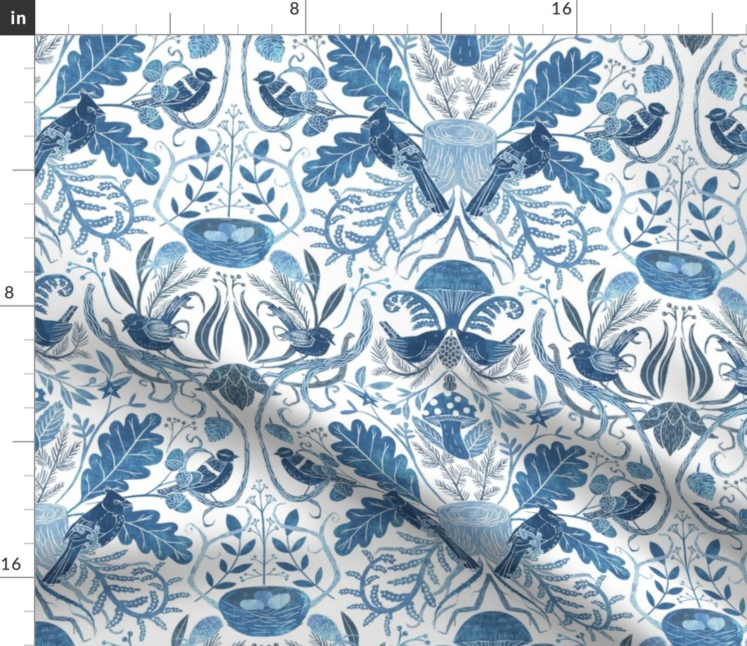 Birds in a Thicket - Woodland Damask - Blue - small repeat 