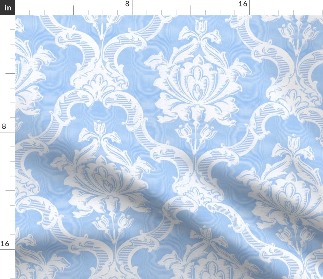 Oldoini Damask ~ White on Jasper Blue Faux Moire 