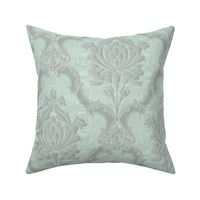 Oldoini Damask ~ Soft Silver on Eau-de-Nil Faux Moire 