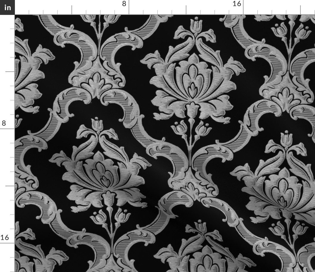 Oldoini Damask ~ Faux Silver on Black  