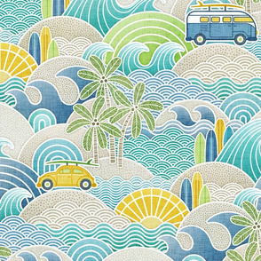 Sea, Sun and Surf Blue Van- Beach Life- Surfing Life- Surfboard- Vintage Cars- Summer- Boys