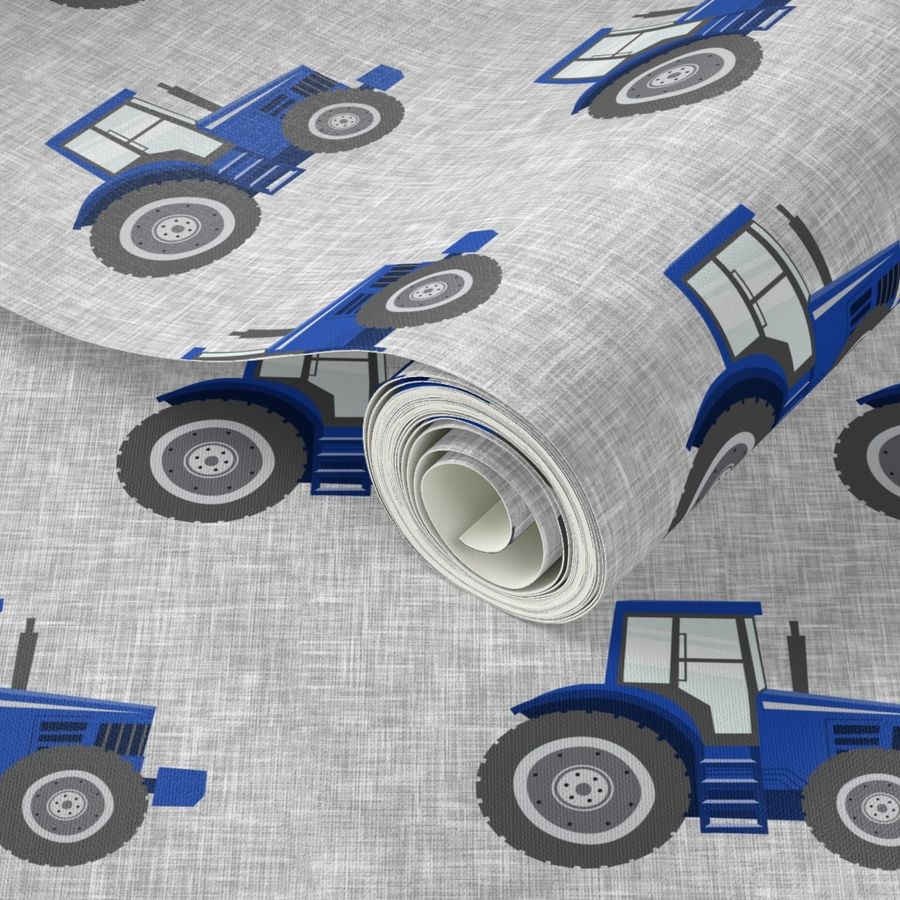 (jumbo scale) blue tractors on grey linen - farm fabrics - C21