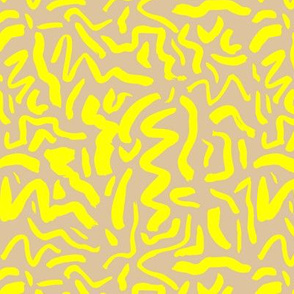 Messy neon ink dashes and brush strokes abstract paint minimal trend design boho style nursery bright lemon yellow on beige 