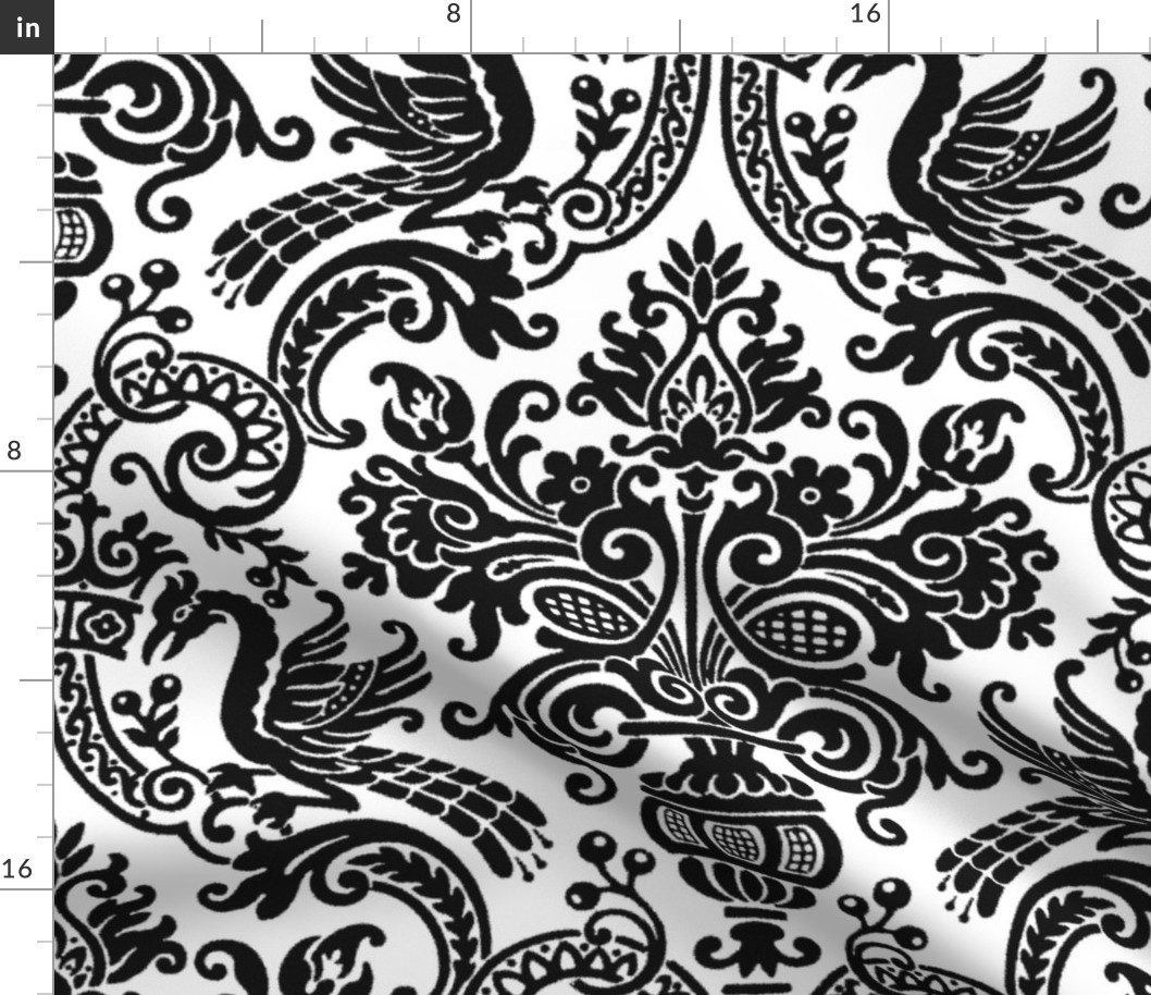 Orkney Damask ~ Faux Flocked Black on White ~  Jumbo