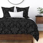 Orkney Damask ~ Faux Flocked Grey on Black ~ Jumbo