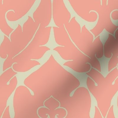 simple Renaissance damask, coral pink on ivory