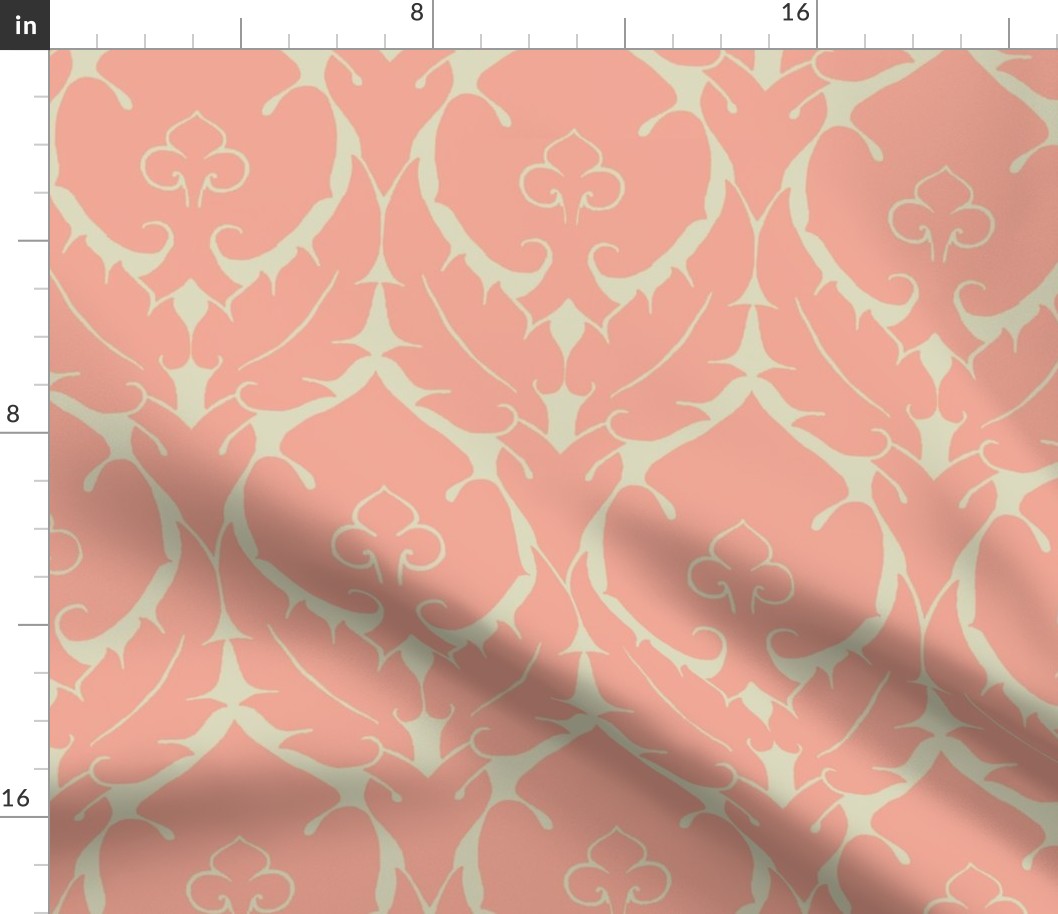 simple Renaissance damask, coral pink on ivory