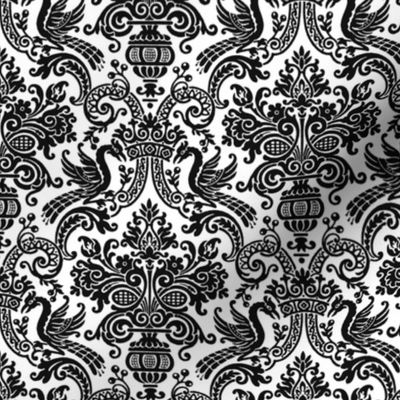 Orkney Damask ~ Faux Flocked Black on White ~ Medium