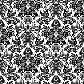 Orkney Damask ~ Faux Flocked Black on White ~ Large