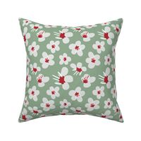 Medium White and Red Blossom Flowers / Sage Green