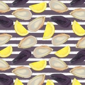 oysters on the half shell with lemon slices and mussels on dusty purple