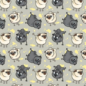 Peeing Fawn and Black Pugs - gray