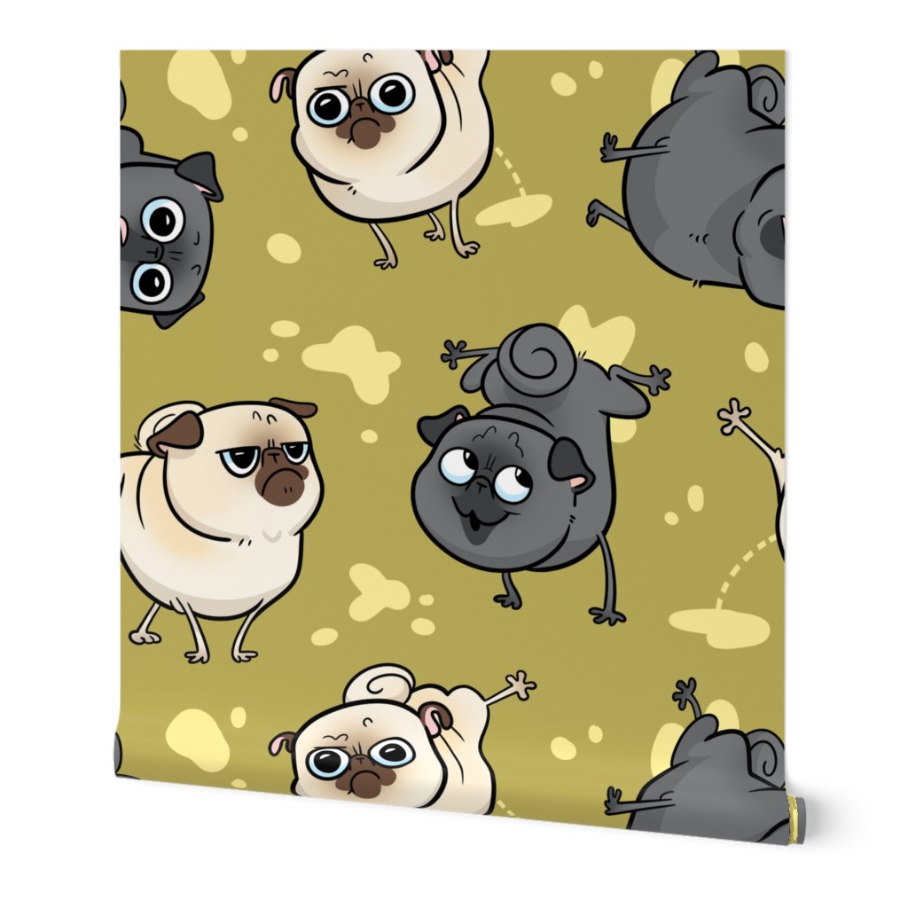 Peeing Fawn and Black Pugs - olive