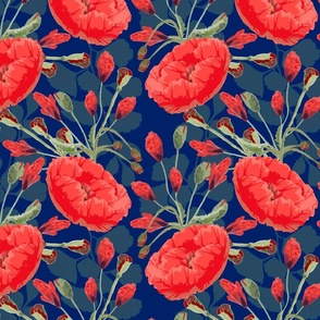 Poppies and Ferns on Blue background 
