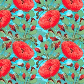 Poppies and Ferns on Watercolor background 