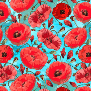  Poppies - Blue Watercolor Background