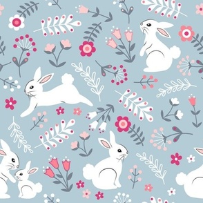 White Bunnies in Flower Field - Large Scale