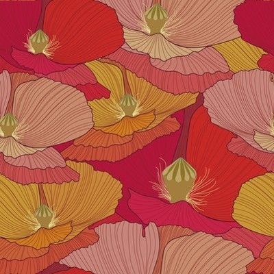Antique Art Nouveau Poppy Floral Light Cotton Fabric ~ Red Rose Pink 
