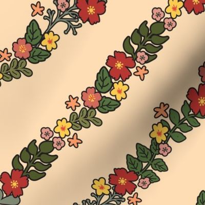 Cottage garden- diagonal Floral Garden Trellis, large scale cteam background with  green and red florals, jumbo wallpaper Dark outlines 