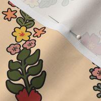 Cottage garden- diagonal Floral Garden Trellis, large scale cteam background with  green and red florals, jumbo wallpaper Dark outlines 