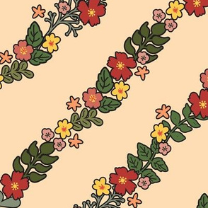 Cottage garden- diagonal Floral Garden Trellis, large scale cteam background with  green and red florals, jumbo wallpaper Dark outlines 