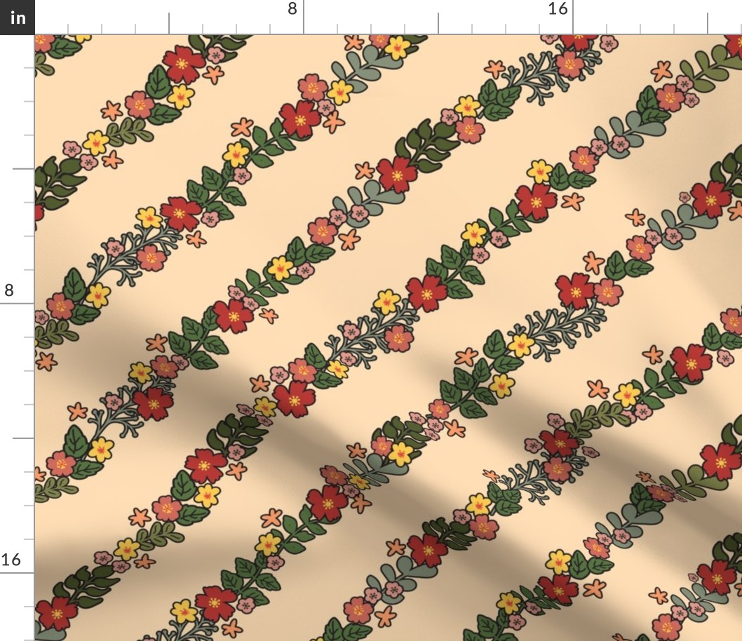 Cottage garden- diagonal Floral Garden Trellis, large scale cteam background with  green and red florals, jumbo wallpaper Dark outlines 