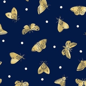 Lovely Golden Moths on a Navy Blue Background, multidirectional