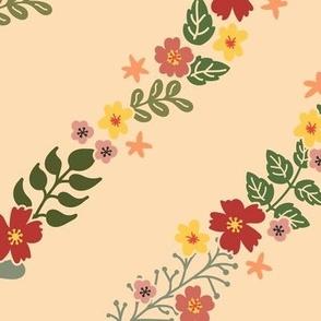 Cottage garden- diagonal Floral Garden Trellis, large scale cteam background with  green and red florals, jumbo wallpaper