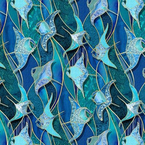 Rotated Patchwork Manta Rays in Sapphire and Turquoise Blue - small