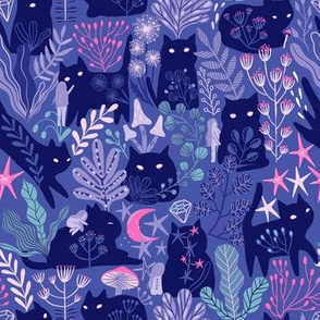Smaller. Cute cats and girl. violet forest with plants, berries and flowers