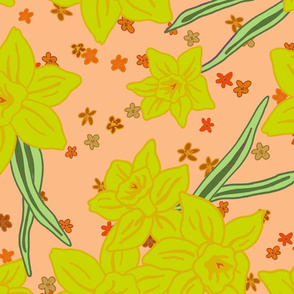 Daffodils Floral Pattern Coral and Yellow