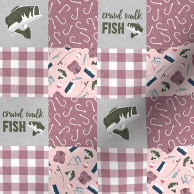 (2" scale) Crawl Walk Fish Wholecloth - fish patchwork fishing, fisherman, bass fish, fish hooks, plaid, woodland, country girl - pink and mauve - C21