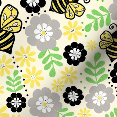 Large Scale - Buzzing Bees and Flowers - Pale Yellow Background