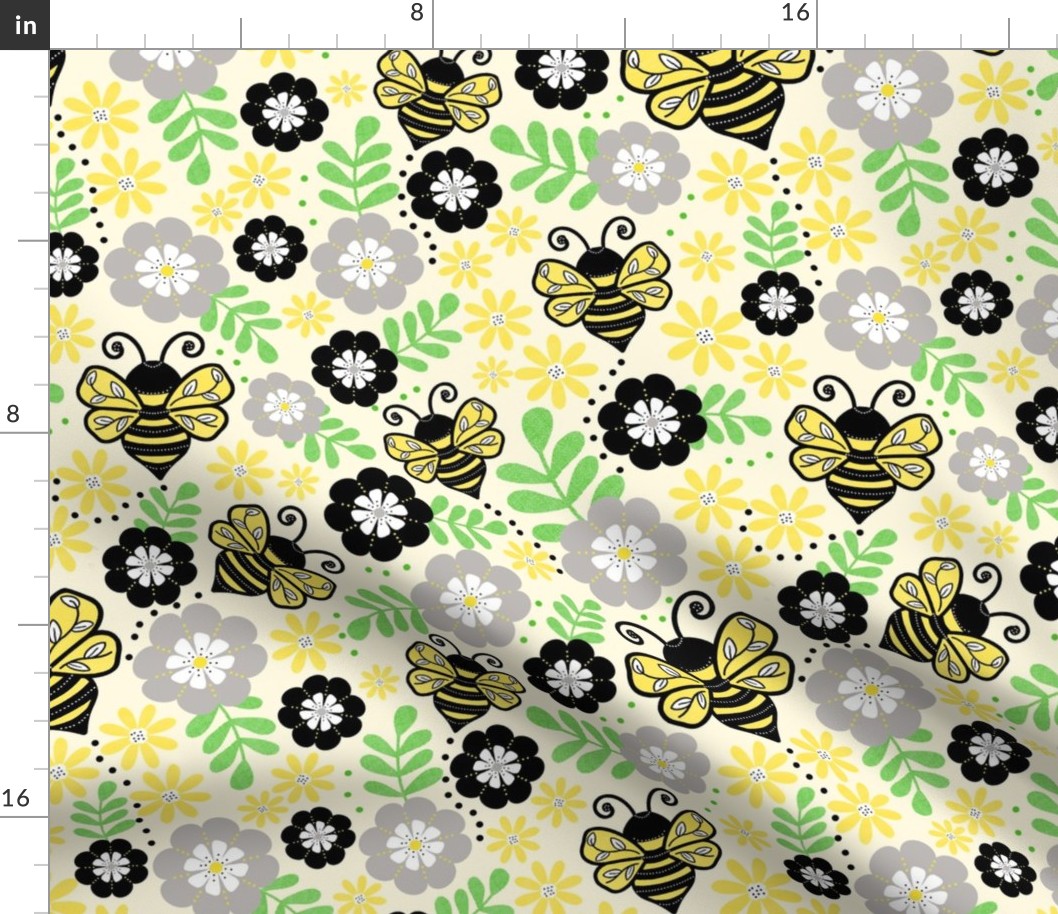 Large Scale - Buzzing Bees and Flowers - Pale Yellow Background