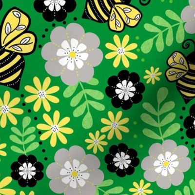 Large Scale - Buzzing Bees and Flowers - Green Background