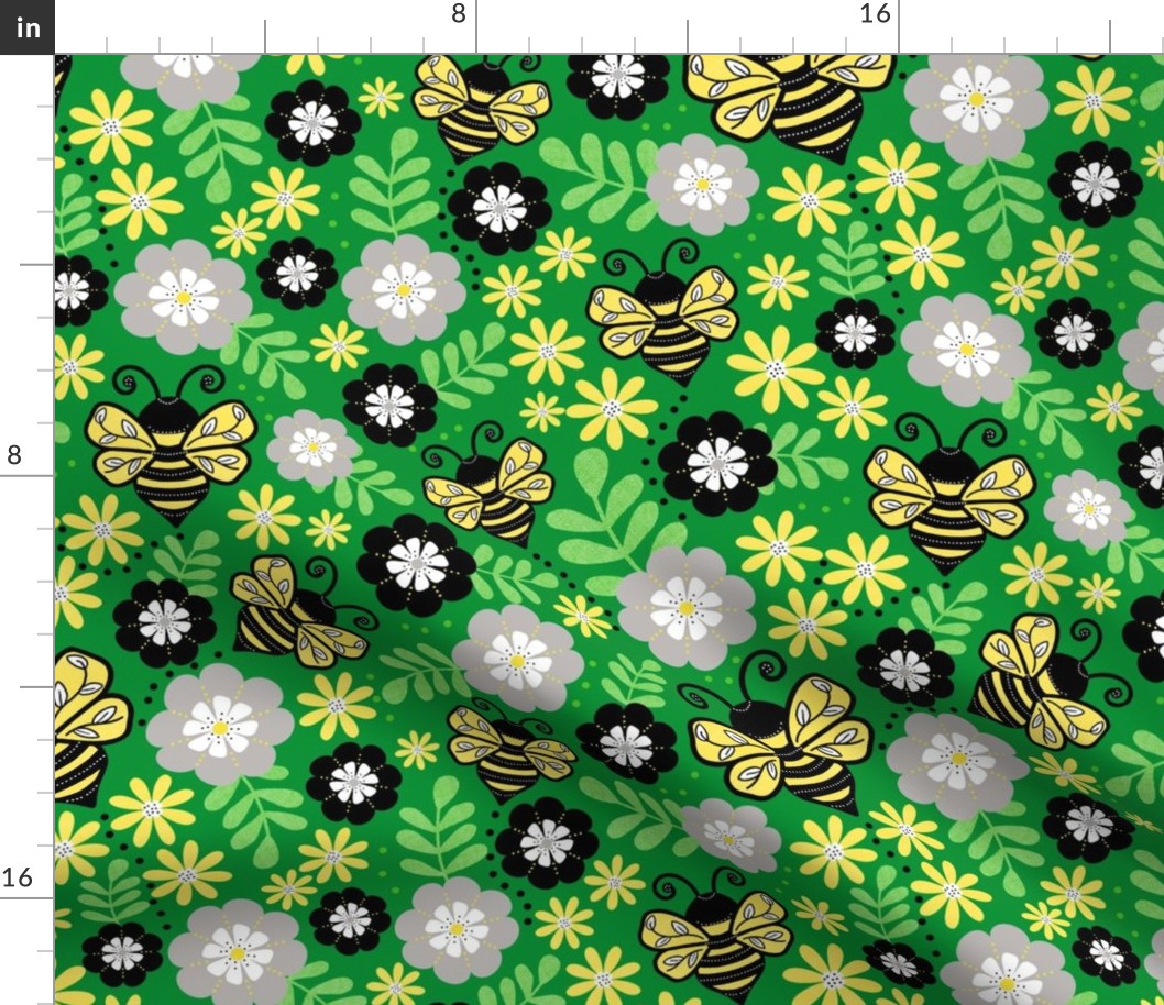 Large Scale - Buzzing Bees and Flowers - Green Background