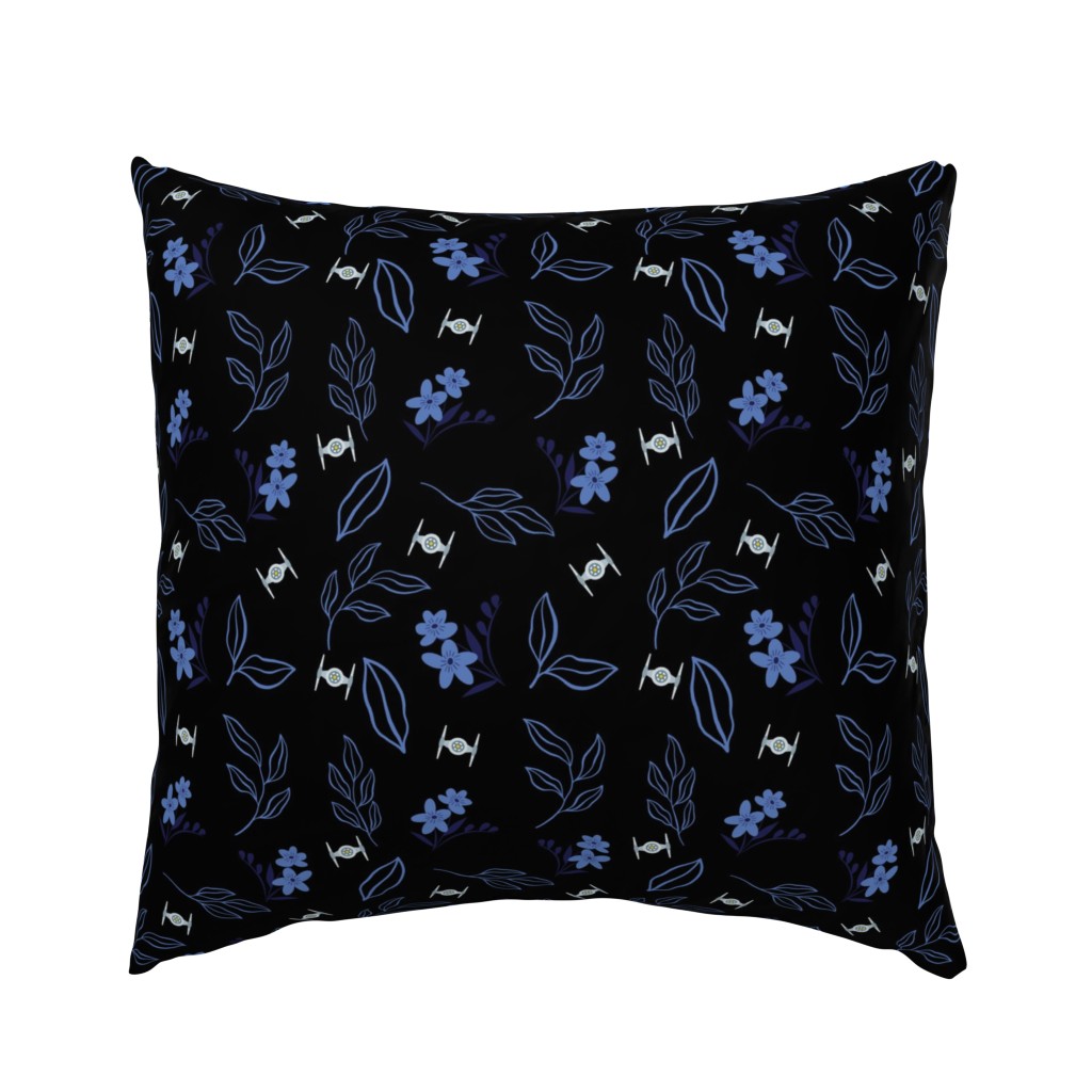 Blue flowers on black with spaceship.