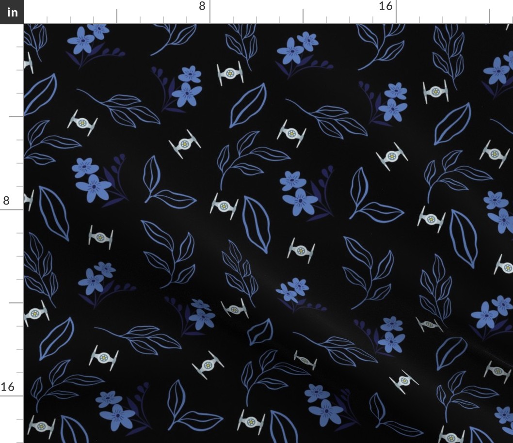 Blue flowers on black with spaceship.