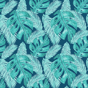 Blue Tropical Monstera Leaf Pattern