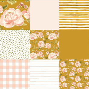 brilliant blush peonies cheater quilt - mustard